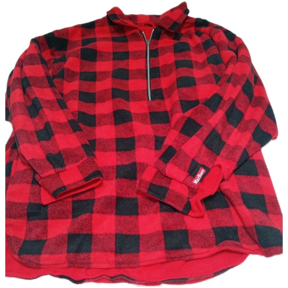 VTG Marlboro Half-zip Fleece Men's Plaid Red and Black Pullover Sweater